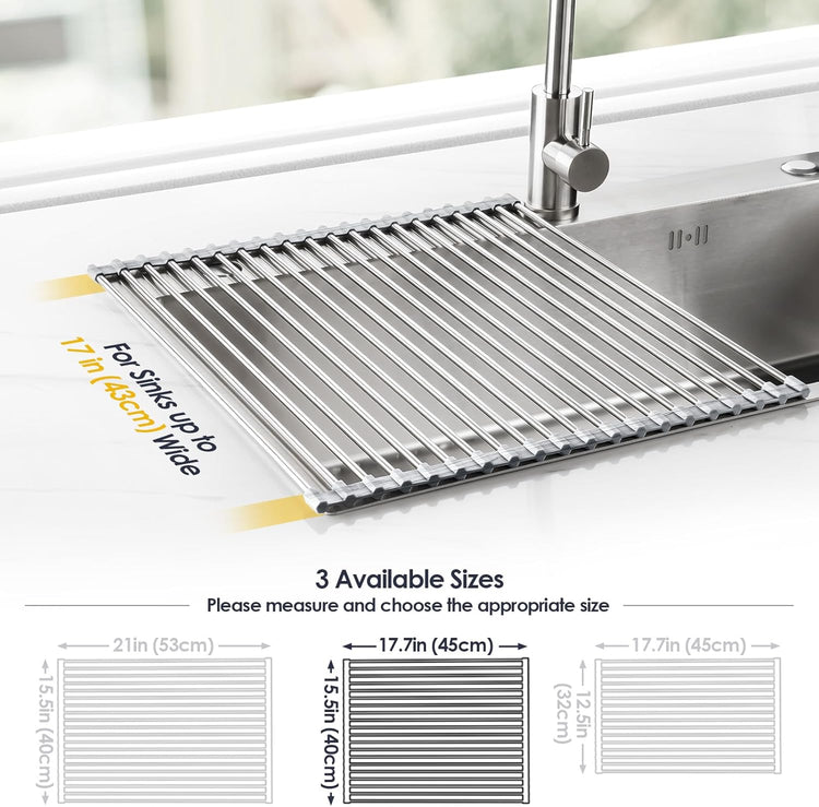 Tomorotec Stainless Steel Roll-Up Dish Drying Rack Marble Color Silicone Edges, Foldable Kitchen Rack Heat Resistant Trivet Supports up to 70 lbs, Food Safe for Dishes, Cookware & More