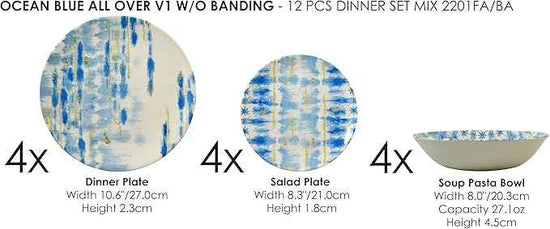 Tudor Royal 12-Piece Round Porcelain Dinnerware Set, Service for 4 - Ocean Blue Design, Plates Bowls Dishes, Premium Quality Tableware, Unique Pattern, Glossy