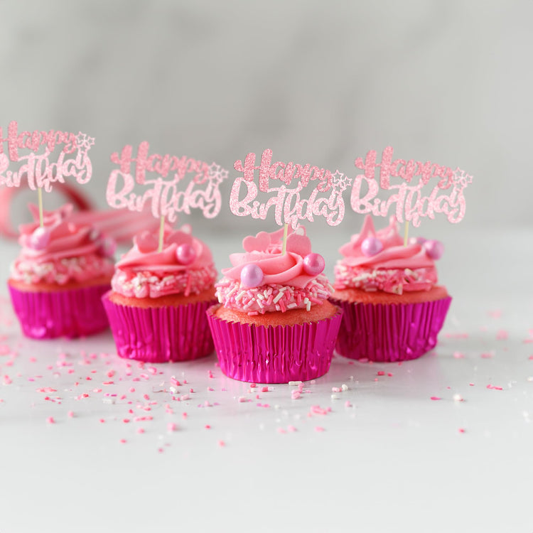 24Pcs Pink Light Pink Happy Birthday Cupcake Toppers for Baby Shower (24 Count)
