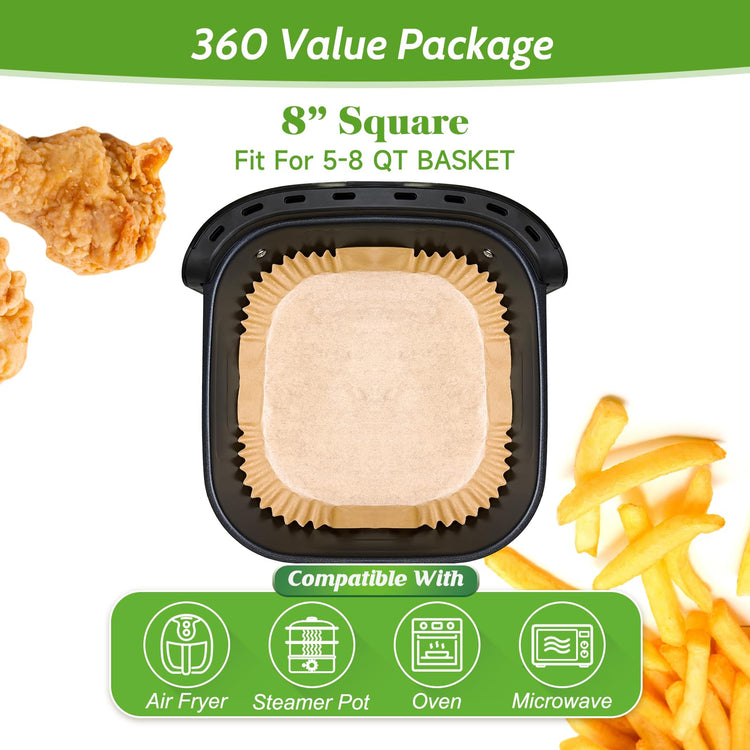 360 Pcs 8” Square Air Fryer Paper Liners Disposable Unbleached Heavy Duty (360 Count)