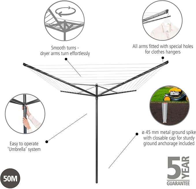 Brabantia Topspinner Outdoor 4 Arm Spinning Clothesline (164 ft/Ø 1.8") Rotating, Folding Clothes Drying Rack + Ground Spike (Anthracite)