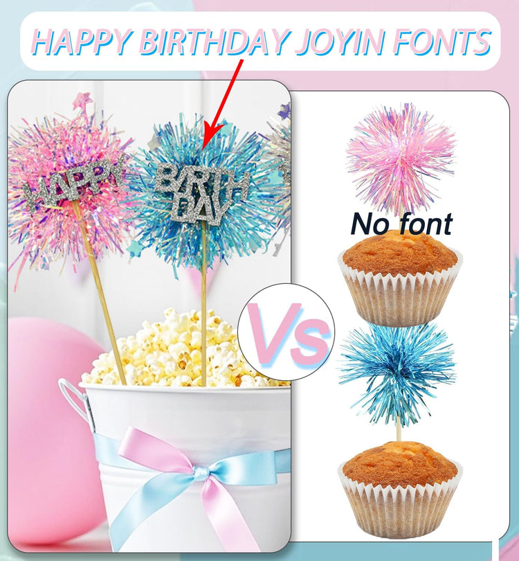 LOLStar 12 Pcs Happy Birthday Cake Toppers, Foil Firework Cupcake Toppers Blue Pink Sparkle Tinsel Drink Stirrers Cake Party Decoration, Cocktail Food Fruit Toothpick for Holiday Photo Booth Props