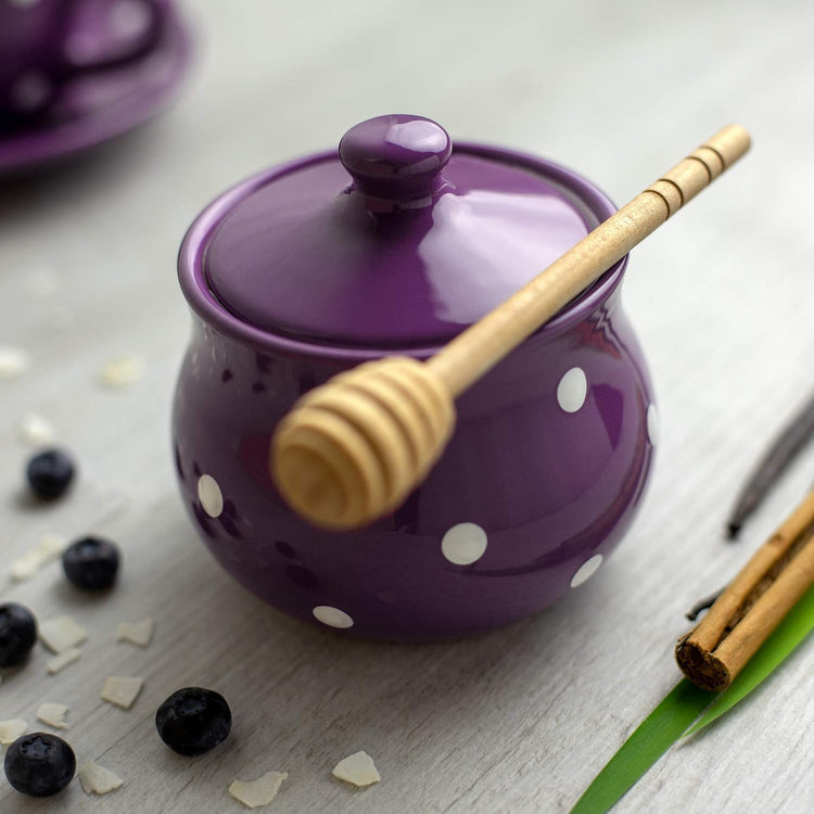 Handmade Purple and White Polka Dot Large Ceramic 1,7l/60oz/4-6 Cup Teapot, Milk Jug, Sugar Bowl Set, Pottery Tea Set, Housewarming Gift for Tea Lovers by City to Cottage®