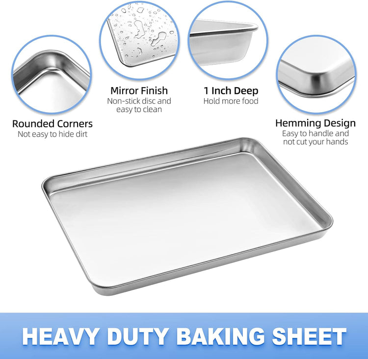 Baking Sheet with Wire Rack Set, Stainless Steel Cookie Sheet Baking Pan Toaster Oven Tray with Cooling Rack, 12.4 x 10 x 1 Inch Quarter Sheet Pan - Non Toxic & Dishwasher Safe