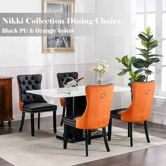 Dining Chairs Set of 6, Upholstered Dining Room Chairs with Back Ring Pull Trim and Solid Wood Legs, Modern Tufted Kitchen Chairs Perfect for Dining Room, Black Pu Leather Splicing Orange Velvet