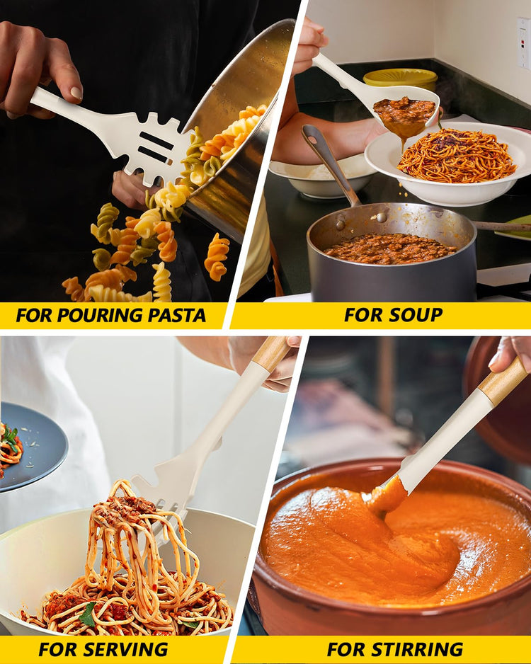 Silicone Soup Ladle and Spaghetti Spoon Set with Wooden Handle (2 Count)