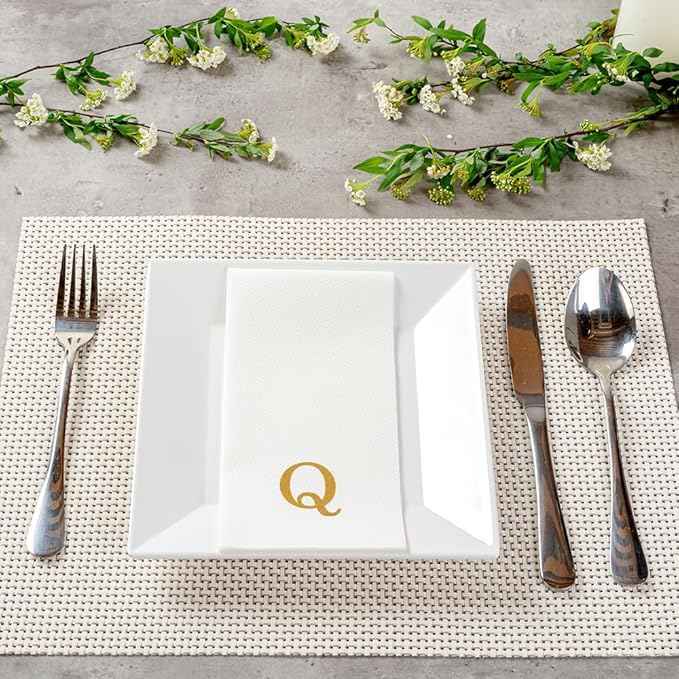 Luxenap 15.8 X 7.9 Inch Linen-Feel Guest Towels, 2000 Lettered Hand Towels - Gold Letter 'Q', Sans Serif Font, White Paper Dinner Napkins, airlaid, For Restrooms And Tables