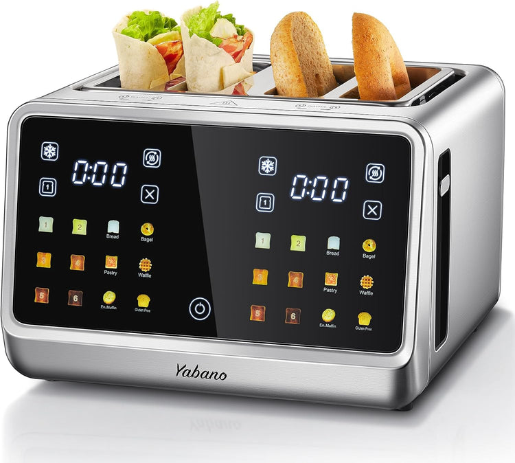 Yabano 4-Slice Toaster with Smart Touch Control, 6 Shade Levels & 6 Bread Settings, Extra Wide Slot for Bagels/English Muffins, Compact Design with Removable Crumb Tray
