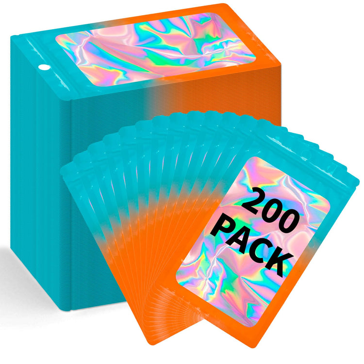 200 Pack Resealable Mylar Holographic Bags Food Storage Smell Proof Bags with Front Window Foil Packaging Pouch for Candy Sample Jewelry Small Business 4.13×5.91 Inch (200 Count)