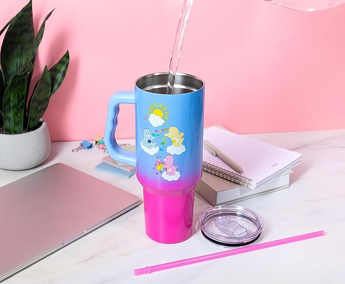 Silver Buffalo Care Bears Featuring Grumpy Bear, Funshine, and Love-A-Lot Bear Heart Showers Ombre Double Walled Stainless Steel Tumbler with Handle and Straw, Fits in Standard Cup Holder, 40 Ounces