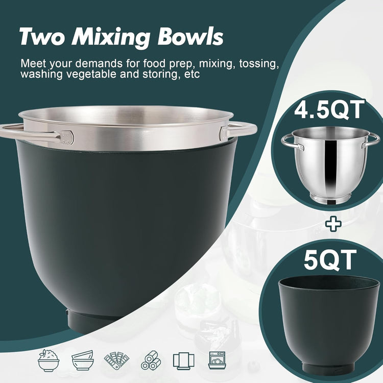 Kitchen in the box Stand Mixer, 4.5QT+5QT Two bowls Electric Food Mixer, 10 Speeds 3-IN-1 Kitchen Mixer for Daily Use with Egg Whisk,Dough Hook,Flat Beater (Turquoise Green, 5QT)