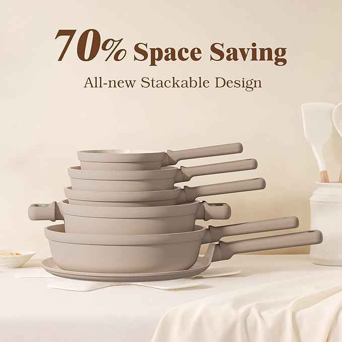 SENSARTE 20Pcs Pots and Pans Set Nonstick, Ceramic Cookware Set Non Stick, Non-toxic Healthy Kitchen Cooking Set, Induction Compatible, Dishwasher Safe, PFAS/PTFE/PFOA Free, TAUPE
