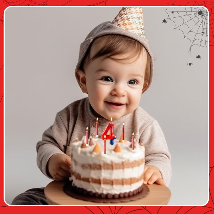13 Pcs Spider Themed Birthday Candle Set Red Spider Theme Number 4 Candle Cake Topper for Boys Girls Birthday Decoration Spider Party Decoration Supplies (13 Count)