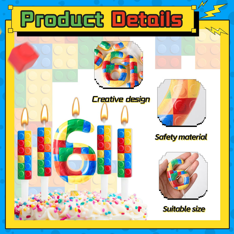 7 Pcs Building Block Themed Birthday Candles Set Building Blocks Number 6 Candle Cake Topper for Building Block Party Decoration Supplies (7 Count)