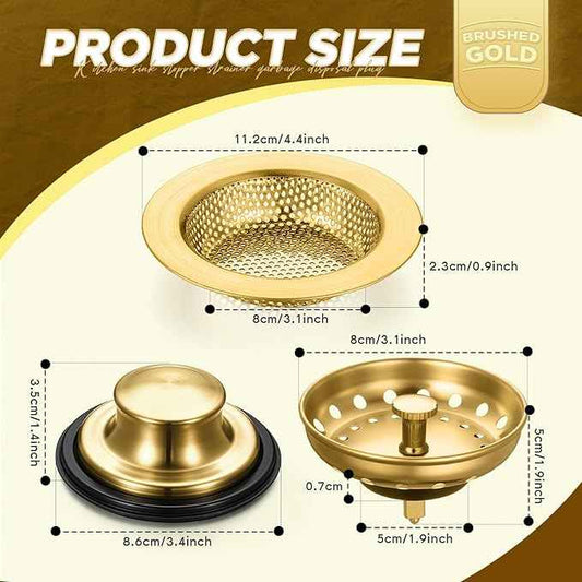 Mudder 3 Pcs Kitchen Sink Drain Strainer and Stopper Stainless Steel Garbage Disposal Plug with Handle Universal Anti-Clogging Kitchen Sink Filter Sieve Basket Strainer(Antique Gold)