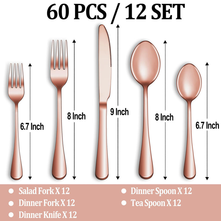 60 Pcs Rose Gold Silverware Set Service for 12 (60 Count)