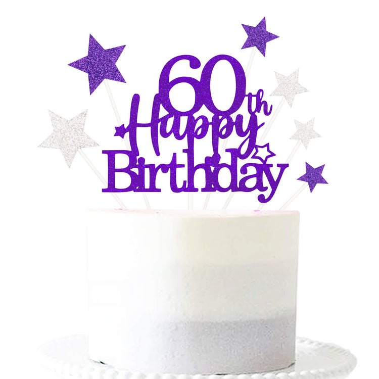 Purple Silver 60th Birthday Cake Topper with Glittery Stars (7 Count)