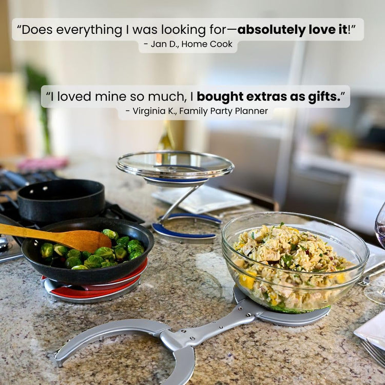 4-in-1 Pot Lid Holder and Kitchen Trivet for Countertop – Durable Cast Aluminum Hot Pan Stand & Cake Display – Heat Resistant Silicone, Space Saving Foldable Design