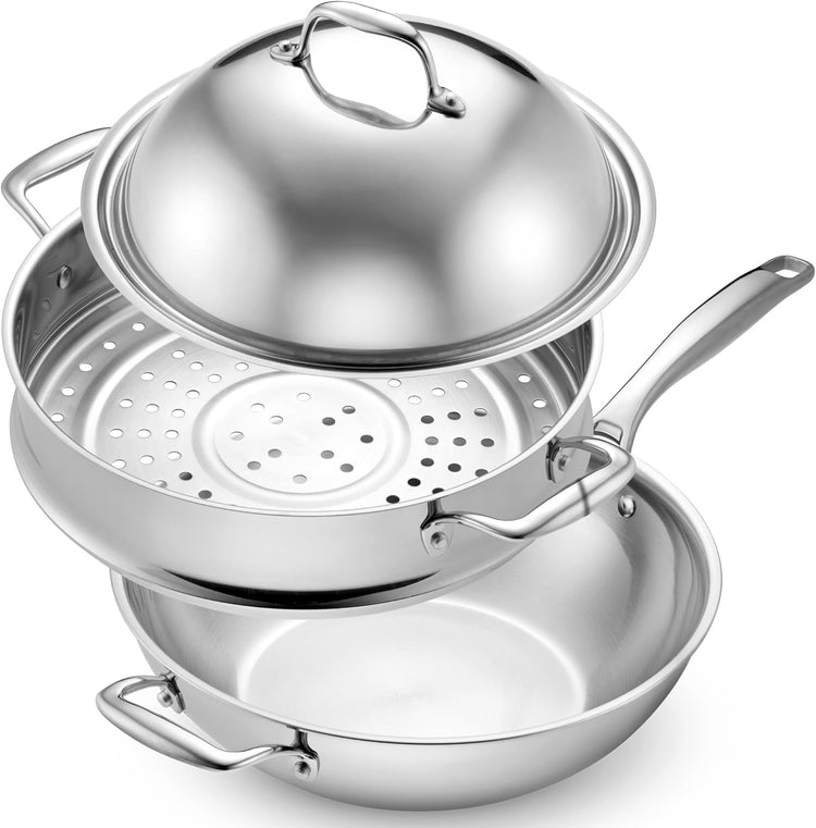 LEGEND COOKWARE Stainless Steel 3 Piece Wok Set | 5 Ply Wok, Induction, Non-Toxic, Oven Safe | Best 18/8 Full Clad | Professional Kitchen Cooking, Heavy Chef Quality | PFOA, PTFE & PFOS Free