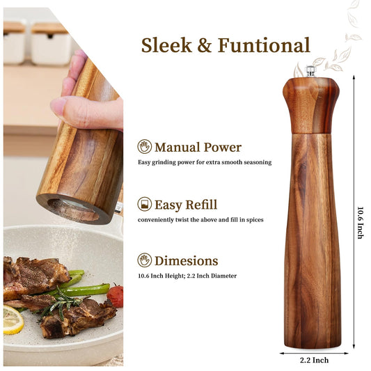1 Pack 10 Inch tall Acacia Wood Pepper Grinder or Salt Mill Elegant