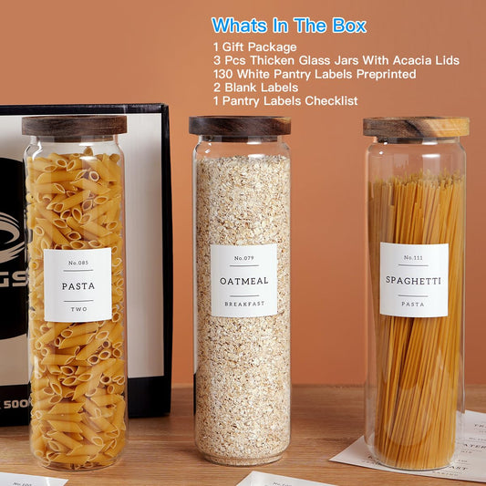 3 Set Glass Pantry Storage Jars with Acacia Airtight Lid