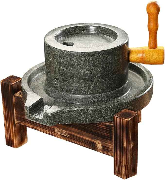 Handmade Stone Mill Grinder 22cm/8.7in with Wooden Base - Easy to Clean, Perfect for Grinding Wheat, Rice, Almonds - tial Classic Kitchen Tool