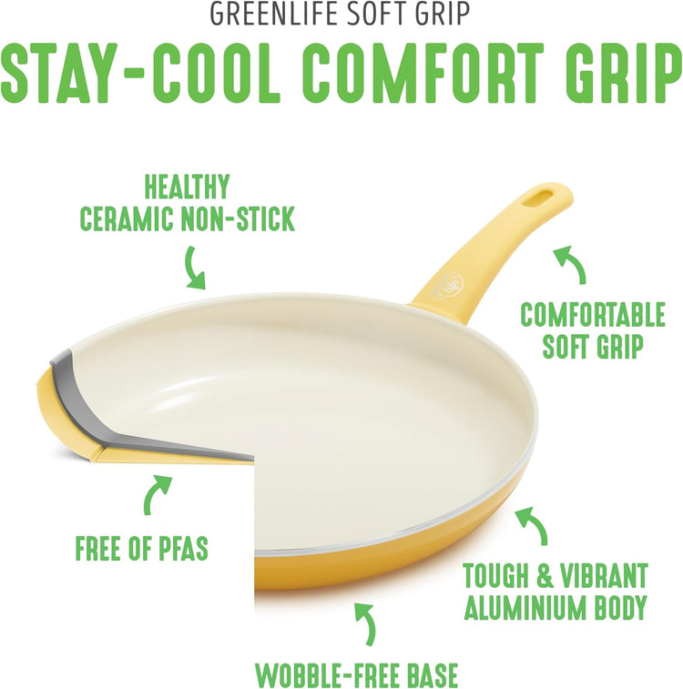GreenLife 16 Piece Nonstick Cookware Set, Soft Grip Non-Toxic PFAS-Free Ceramic Pots & Pans, Dishwasher & Oven Safe, Frying, Sauce, Saute, Utensils, Glass Lids, Stay-Cool Handles, Wobble Free, Yellow