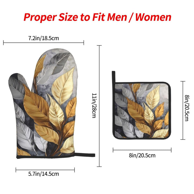 Gold Silver Tropical Leaves Oven Mitts and Pot Holders Sets of 3 (3 Count)