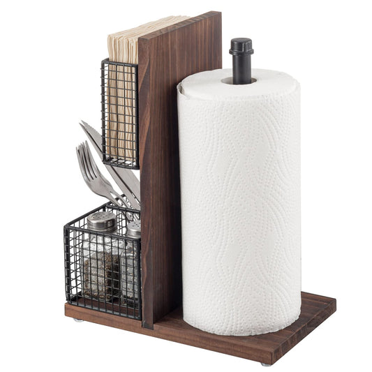 3-in-1 Kitchen Organizer with Paper Towel Holder, Napkin Holder & Spice Rack - Rustic Wood & Industrial Metal Pipe Caddy for Farmhouse Dining Table