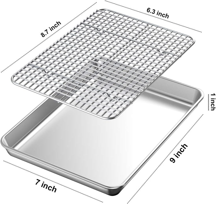 Baking Sheet with Rack Set [2 Pans + 2 Racks], Wildone Stainless Steel Cookie Sheet Baking Pan Tray with Cooling Rack, Size 9 x 7 x 1 Inch, Non Toxic & Heavy Duty & Easy Clean
