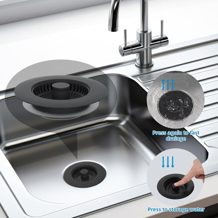 Hibbent All Metal Stainless Steel 3 in 1 Kitchen Sink Drain Strainer, Upgraded Sink Stop Combo, 3 Anti-Clogging Stainless Steel Baskets Strainer with Metal Handle for US Standard 3-1/2" Drain, Black