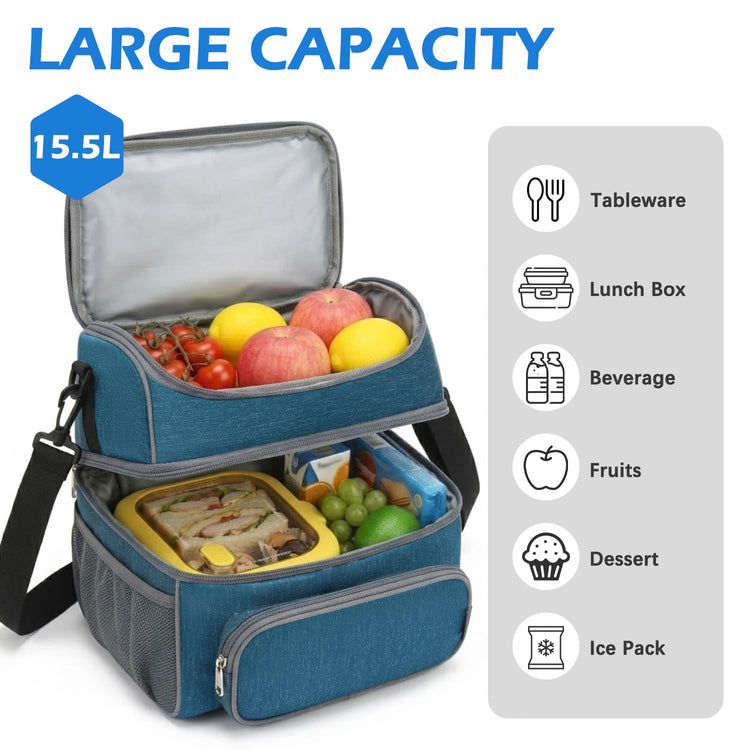 Double Layer Cooler Insulated Lunch Bag Adult Lunch Box Large Tote Bag for Men (2 Count)