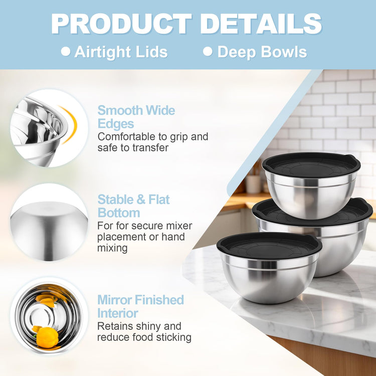 Mixing Bowls Stainless Steel Nesting Salad Bowls & Airtight Lids (3 Count)