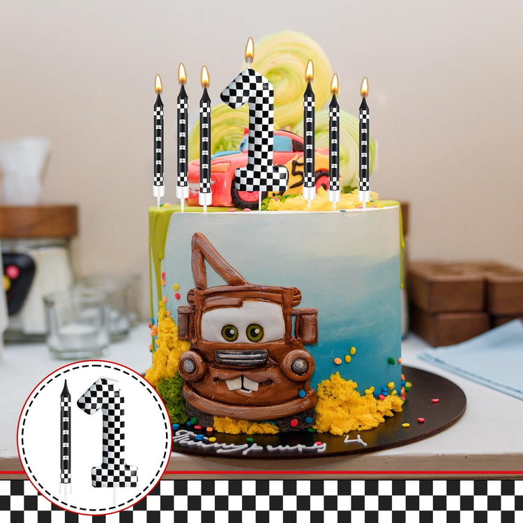 13 Pcs Racing Cars Themed Birthday Candles Black and White Race Number 1 Checkered Candle Cake Topper for Racing Car Party Decoration Supplies (13 Count)