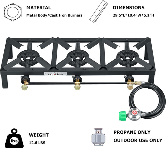 Propane Triple Burner Angle Iron Camp Stove with CSA Listed Regulator and 4ft Hose (SA3200)