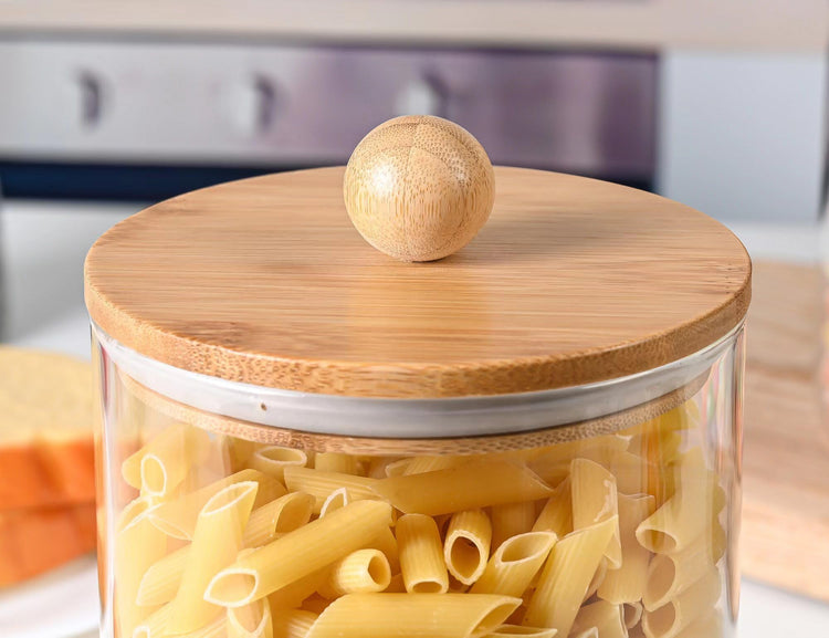Set of 2 Glass Canisters for Kitchen Counter with Airtight Bamboo Lids + Marker & Labels (2 Count)