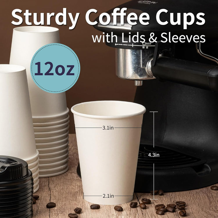 YEEHAW 12 oz 100 Pack Disposable Paper Coffee Cups with Lids & Sleeves, To Go Hot Cups for Coffee, Hot Liquid, Chocolate, Juice, Hot Beverage Drinking Cup, Ideal for Cafes, Bistros