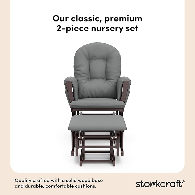 Storkcraft Premium Hoop Glider & Ottoman (Espresso/Gray) — GREENGUARD Gold Certified Nursery Glider, Solid Wood Craftsmanship, Smooth-Gliding Nursery Chair and Ottoman, Award-Winning