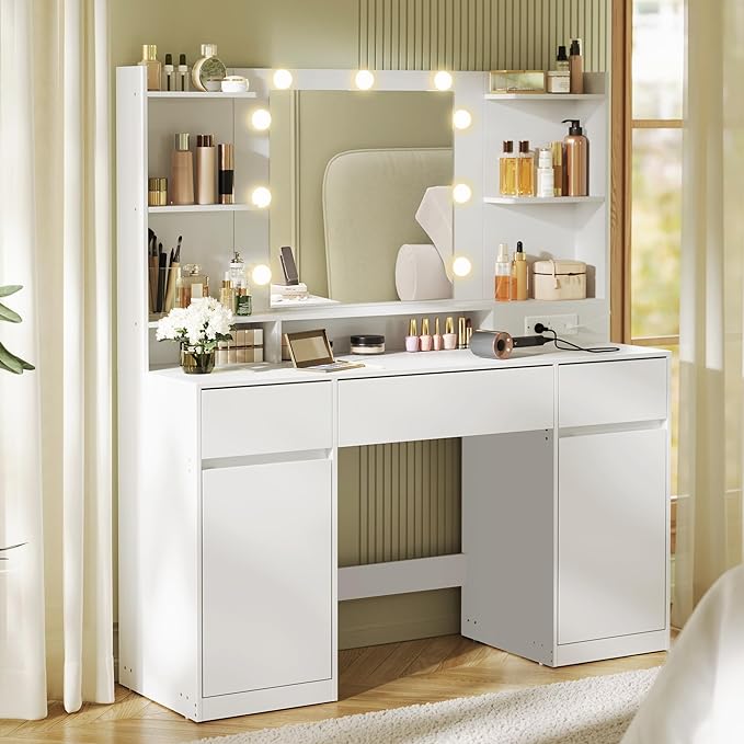 VASAGLE Kailyn Collection - Vanity Desk with Mirror and 9 LED Bulbs, Vanity Makeup Table with Power Outlets, Dressing Table with 2 Cabinets, for Bedroom, Cloud White URDT142WB01S