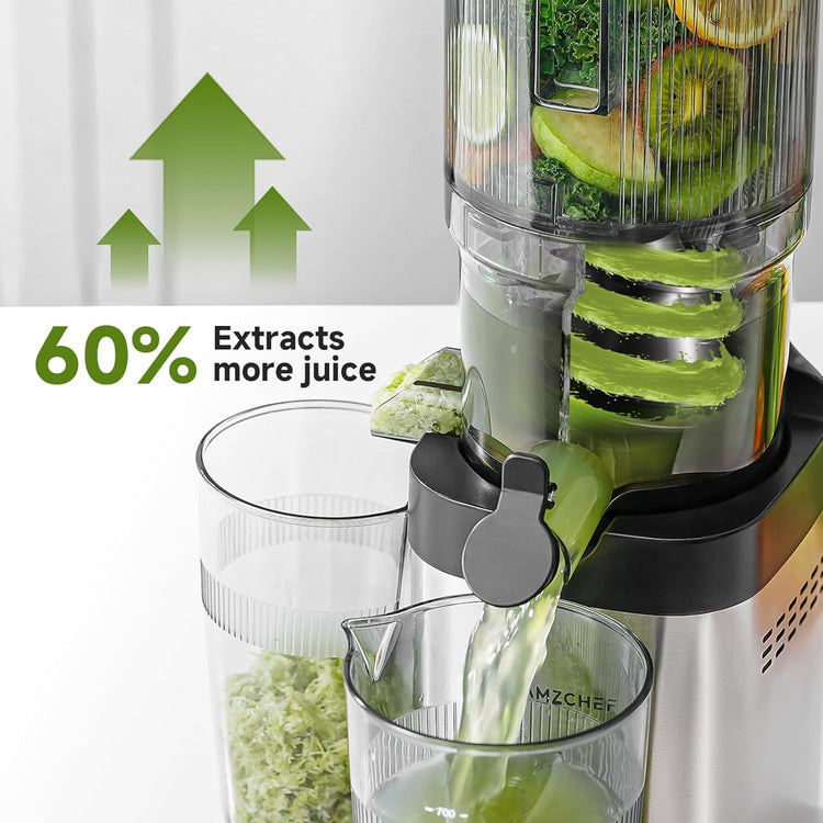 AMZCHEF Cold Press Juicer, 5.2" Juicer Machines with Large Feed Chute for Whole Fruits & Vegetables, Stainless Steel Juice Extractor with Large Auger, Triple Strainers, Easy Cleanup & Assembly