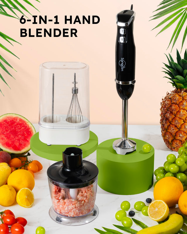 6-in-1 Immersion Blender Handheld, Hand Blender with Chopper & 34oz Blending Cup Storage Base, 2-Speed Adjustable Stick Blender,Stainless Steel Blades, Detachable Blender, Whisk, Milk Frother