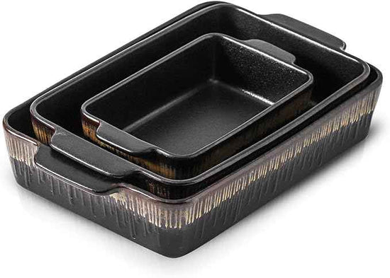 KOOV Bakeware Set, Ceramic Baking Dish, Rectangular Baking Pans Set, Casserole Dish for Cooking, Cake Dinner, Kitchen 9 x 13 Inches, 3-Piece, Stripe Series (Rough Black)