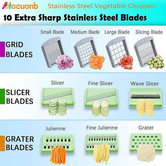 Stainless Steel Vegetable Chopper with 10 Blades - Mandoline Slicer-Pro Food Chopper with Container - Veggie Salad Onion Chopper - Potato Dicer - Tomato Cutter - Cheese Grater