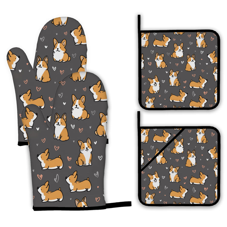 Cute Corgi Dog Oven Mitts and Pot Holders (4 Count)