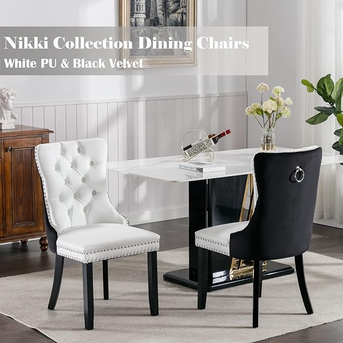 Dining Chairs Set of 2, Upholstered Dining Room Chairs with Back Ring Pull Trim and Solid Wood Legs, Modern Tufted Kitchen Chairs Perfect for Dining Room, White Pu Leather Splicing Black Velvet