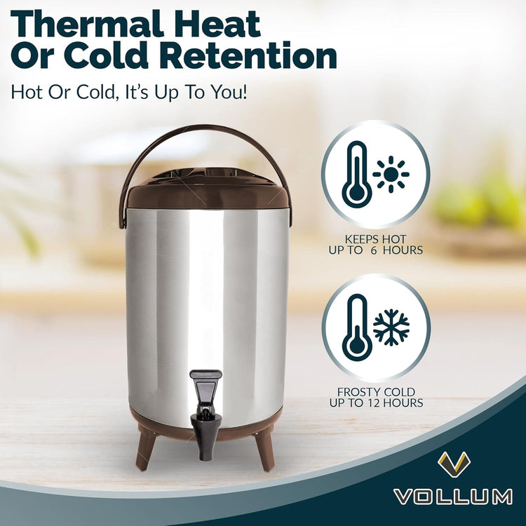 Stainless Steel Insulated Beverage Dispenser – Insulated Thermal Hot and Cold Coffee Carafe – 12 Liter Drink Dispenser with Spigot for Hot Water, Tea & Coffee, Cold Milk, Juice & More BROWN