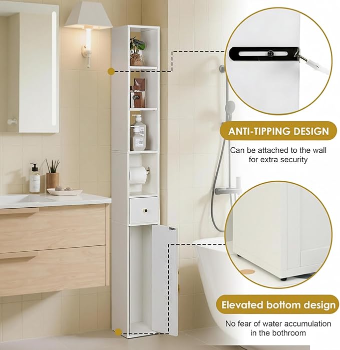 VECELO Storage Cabinet, 67" Tall Narrow Bathroom Cabinet with 3 Adjustable Shelves, Toilet Paper Holder, Magnetic Door & Drawer, for Small Spaces, Pearl White