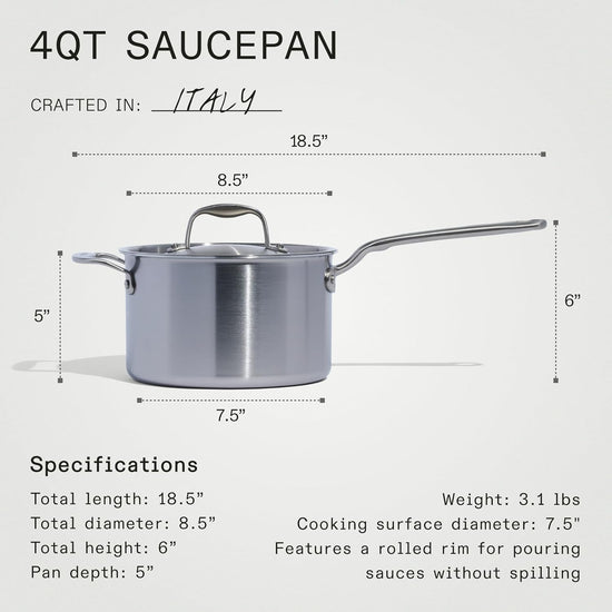 Made In Cookware - 4 Quart Stainless Steel Saucepan with Lid - 5 Ply Stainless Clad Sauce Pan - Professional Cookware - Crafted in Italy - Induction Compatible - Nestoria