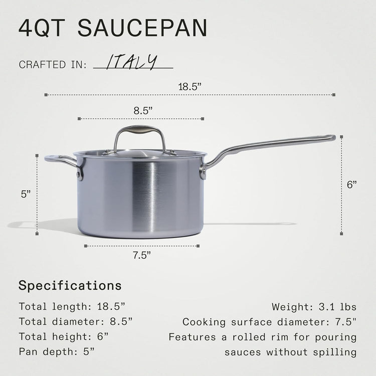 Made In Cookware - 4 Quart Stainless Steel Saucepan with Lid - 5 Ply Stainless Clad Sauce Pan - Professional Cookware - Crafted in Italy - Induction Compatible - Nestoria