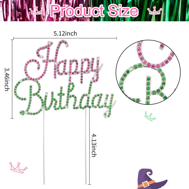 Happy Birthday Cake Topper Pink & Green Rhinestones Witch MovieThemed Cake Topper for Birthday Party Decorations